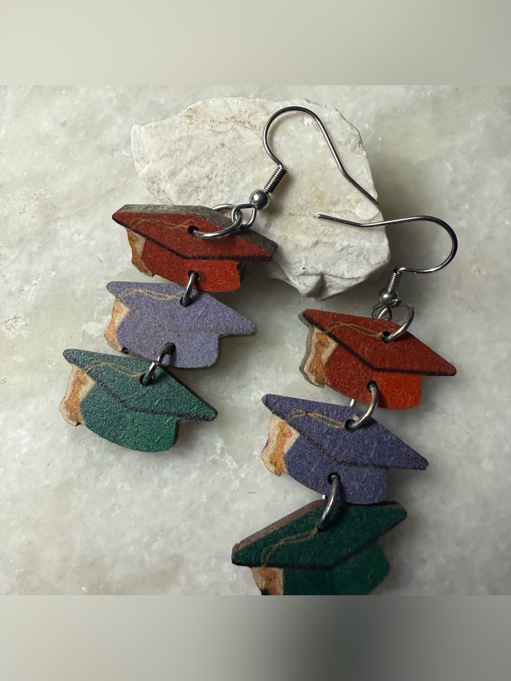 Colorful Stacked Wood Graduation Cap Earrings - Red, Purple, Green